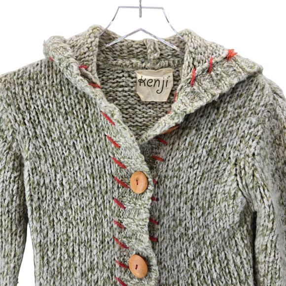 Kenji Hooded Cardigan Sweater Cropped Green White Bohemian Wool Alpaca Small XS - Picture 2 of 10